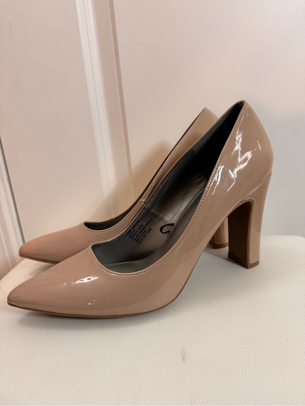 Worthington Patent Pointed-Toe Block Heel Pumps in Nude Pink